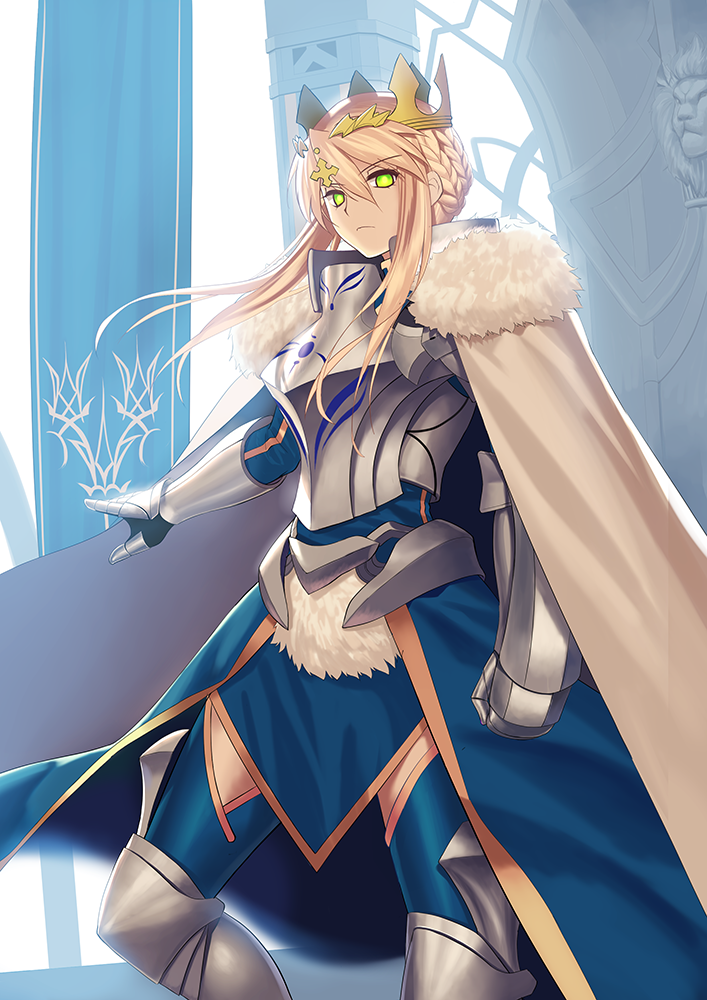 1girl armor armored_boots armored_dress artoria_pendragon_lancer_(fate/grand_order) bangs banner blonde_hair boots braid cape closed_eyes closed_mouth column commentary_request crown fate/grand_order fate_(series) frown fur-trimmed_cape fur_trim gauntlets greaves green_eyes hair_between_eyes long_hair looking_at_viewer pillar revealing_clothes saber sidelocks solo standing tsukikanade white_cape