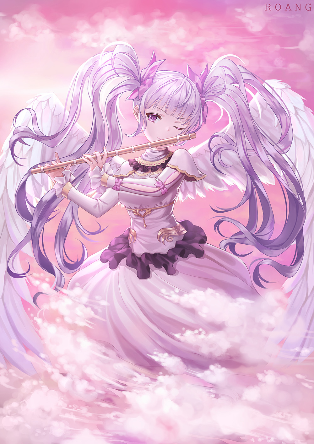 1girl artist_name blush breasts closed_mouth eyebrows_visible_through_hair highres holding holding_instrument instrument instrument_request large_breasts long_hair long_sleeves looking_at_viewer music one_eye_closed original playing_instrument roang silver_hair smile solo twintails violet_eyes
