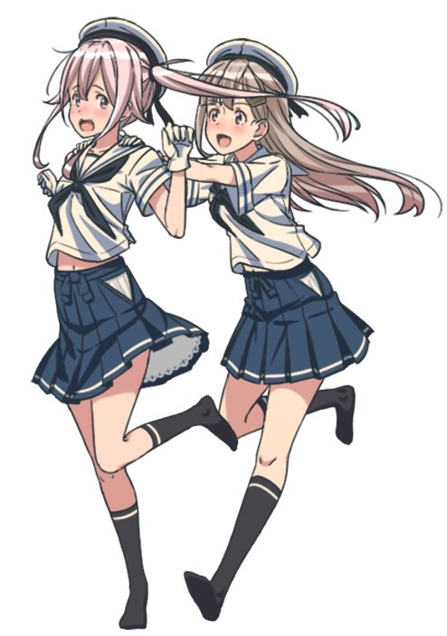 2girls :d alternate_costume beret black_legwear blonde_hair blush full_body gloves hakama_skirt harusame_(kantai_collection) hat kantai_collection key_kun long_hair multiple_girls neckerchief no_shoes open_mouth pink_eyes pink_hair pushing running sailor_collar school_uniform serafuku side_ponytail smile yuudachi_(kantai_collection)