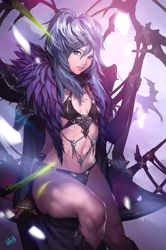 1girl arm_at_side arm_warmers armor bangs bikini black_bikini blue_eyes blue_hair boots breasts cowboy_shot dragon eyelashes fur_trim glint groin hair_between_eyes hand_up jeongwon knee_boots legs lips long_hair looking_at_viewer navel nose original parted_lips pauldrons signature sitting small_breasts solo swimsuit teeth thighs