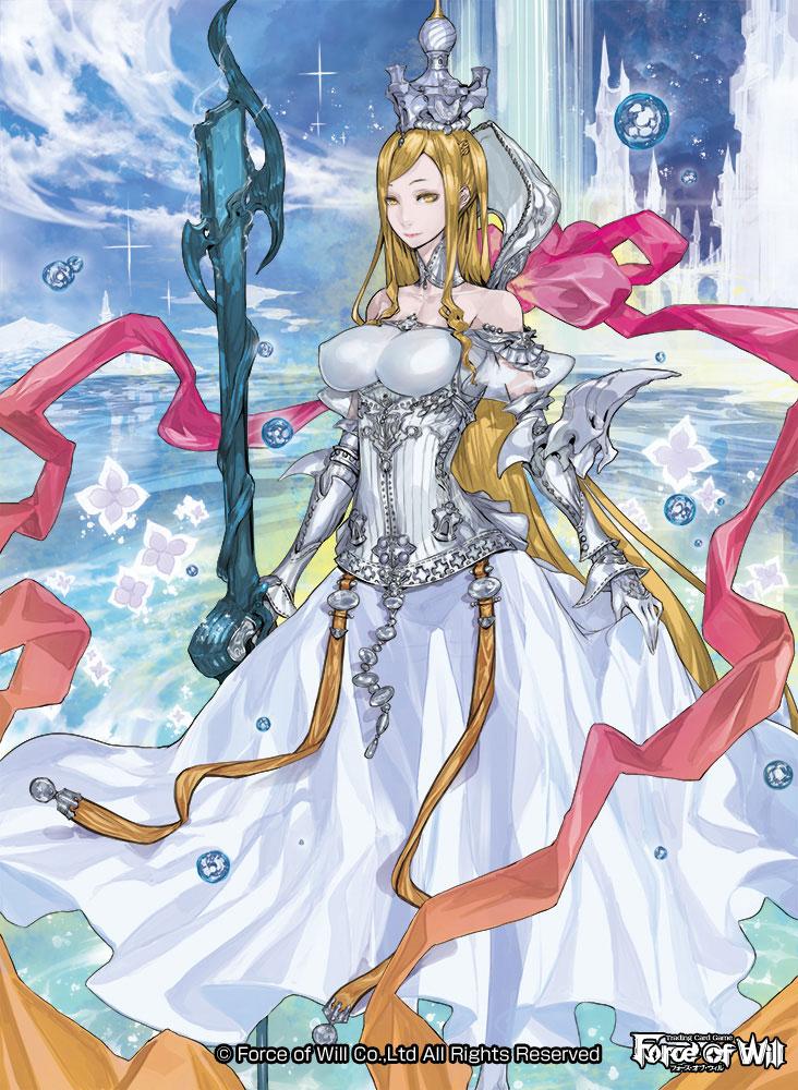 1girl bare_shoulders blonde_hair bow bubble castle copyright_name crown day erect_nipples flower force_of_will gloves long_hair official_art polearm sky solo sparkle spear weapon yellow_eyes