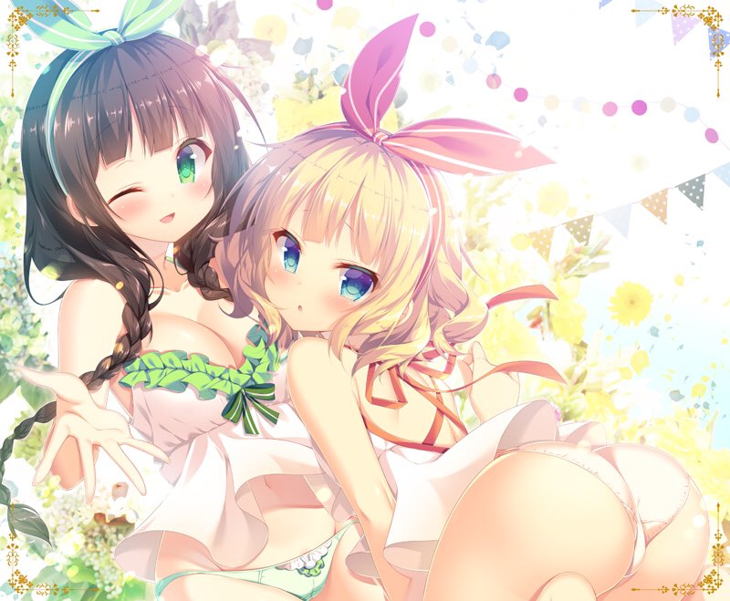 2girls :o ;d alternate_hairstyle ass bangs bare_shoulders barefoot blonde_hair blue_eyes blunt_bangs blush bow braid breasts brown_hair camisole cleavage collarbone commentary_request eyebrows_visible_through_hair from_behind gochuumon_wa_usagi_desu_ka? green_bow green_eyes green_hairband green_panties hair_bow hairband kirima_sharo large_breasts leaf long_hair looking_at_viewer midriff_peek mitsumomo_mamu multiple_girls navel one_eye_closed open_mouth orange_bow orange_hairband panties short_hair smile trefoil twin_braids ujimatsu_chiya underwear wavy_hair