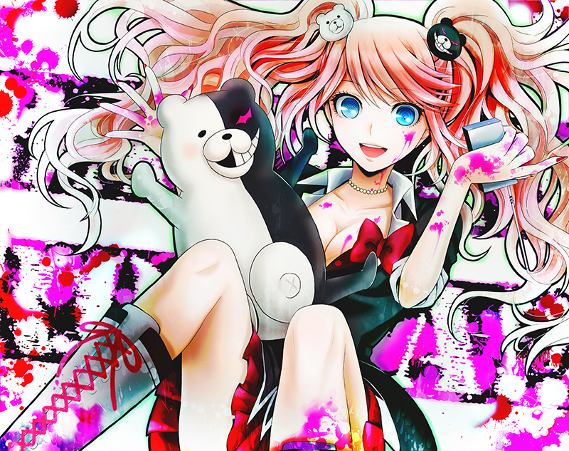 1girl :d bear_hair_ornament black_shirt blood blood_on_face bloody_clothes blue_eyes bow bowtie breasts cleavage collarbone dangan_ronpa dangan_ronpa_1 enoshima_junko eyebrows_visible_through_hair fingernails hair_ornament holding jewelry long_hair miniskirt monokuma nail_polish necklace open_mouth pink_hair pleated_skirt red_bow red_bowtie red_nails red_skirt sharp_fingernails shirt sitting skirt smile twintails wool_(kurokrkr)