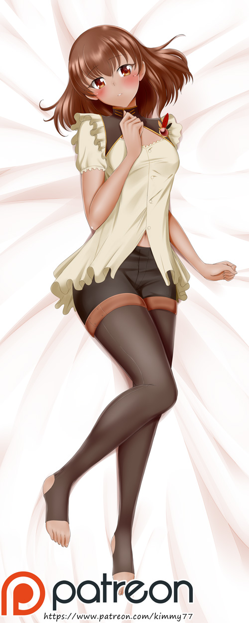 1girl alfred_cullado amber_(rwby) blouse blush breasts brown_eyes brown_hair highres looking_at_viewer lying medium_breasts navel on_back pantyhose pantyhose_under_shorts red_eyes rwby short_hair solo tan white_blouse