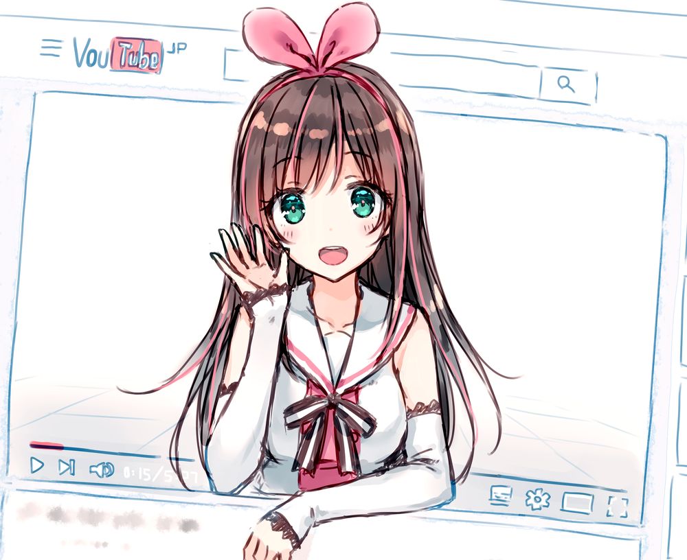 1girl :d a.i._channel arm_warmers bangs blush bow brown_hair collarbone commentary eyebrows_visible_through_hair fourth_wall green_eyes hair_bow hairband hiten_goane_ryu kizuna_ai long_hair looking_at_viewer multicolored_hair open_mouth pink_bow pink_hair sailor_collar sleeveless smile solo streaked_hair teeth youtube