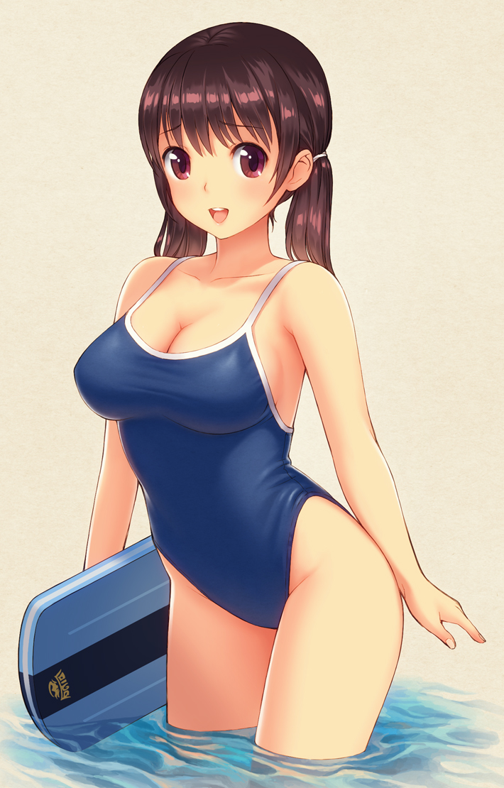 1girl breasts brown_hair cleavage kickboard large_breasts long_hair looking_at_viewer low_twintails one-piece_swimsuit original poripori red_eyes school_swimsuit smile solo standing swimsuit twintails wading water