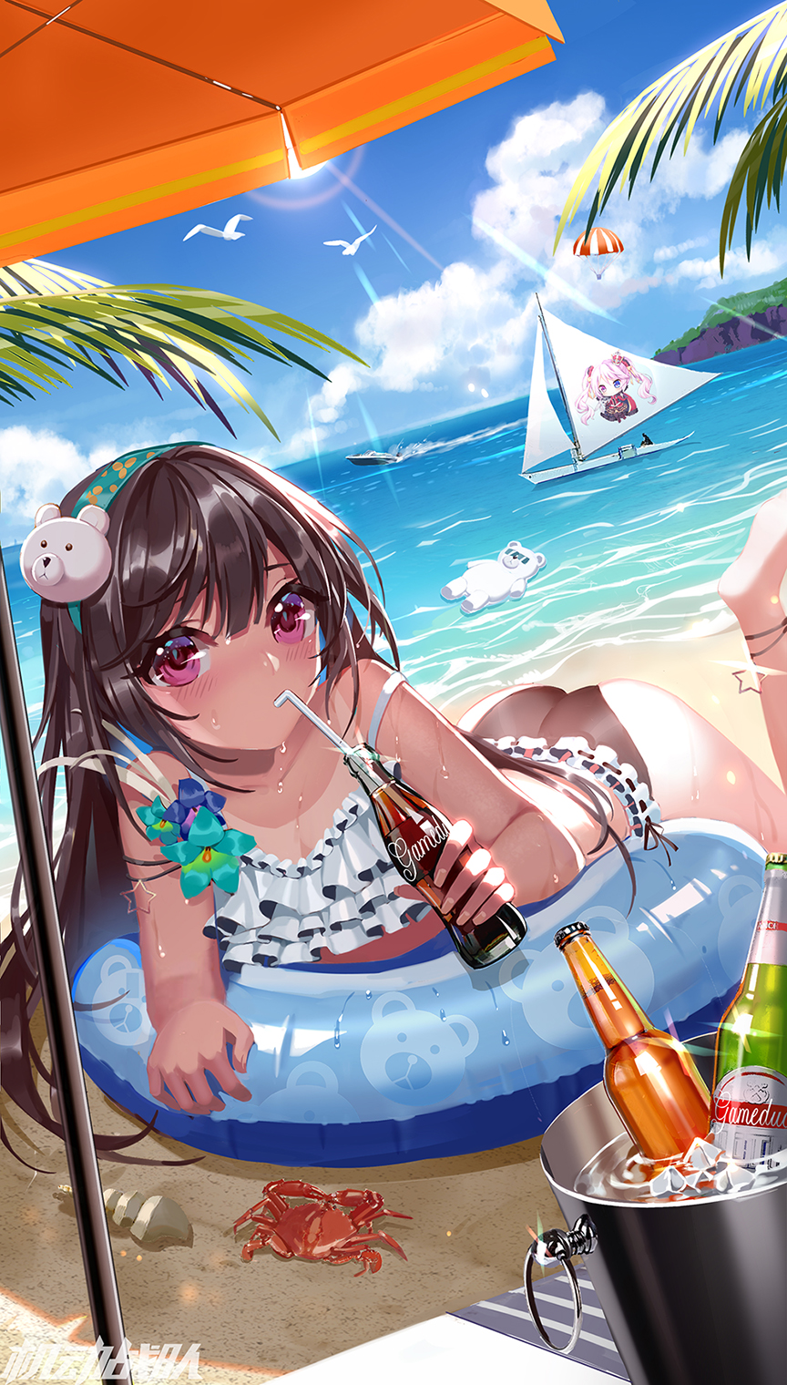 1girl beach black_hair blush boat bottle bucket drinking drinking_straw highres holding holding_bottle ice ice_cube innertube long_hair looking_at_viewer lying on_stomach original palm_tree pink_eyes sailboat solo tree umbrella water watercraft zjsstc
