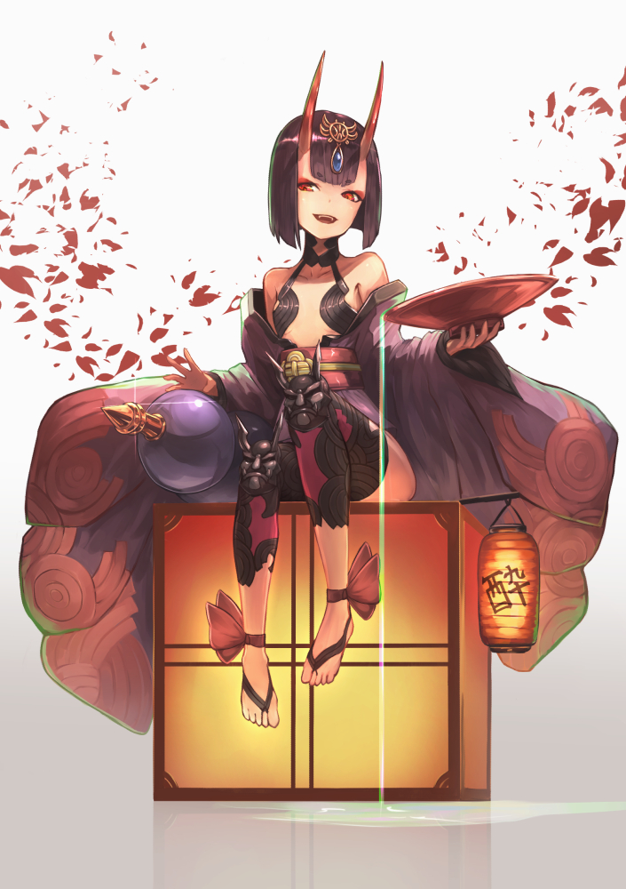 1girl :d alcohol ankle_ribbon armor bangs bare_shoulders barefoot_sandals blunt_bangs bob_cut choker collarbone commentary_request cup detached_sleeves dripping eyebrows eyebrows_visible_through_hair fangs fate/grand_order fate_(series) flat_chest full_body gem gourd headpiece holding holding_cup horns japanese_clothes jewelry kawahara_ryuuta knee_pads lantern long_sleeves makeup mascara navel obi off_shoulder oni oni_horns open_mouth paper_lantern purple_hair red_eyes red_ribbon revealing_clothes ribbon sakazuki sake sapphire_(stone) sash short_eyebrows short_hair shuten_douji_(fate/grand_order) simple_background sitting smile solo teeth thick_eyebrows upper_teeth wide_sleeves