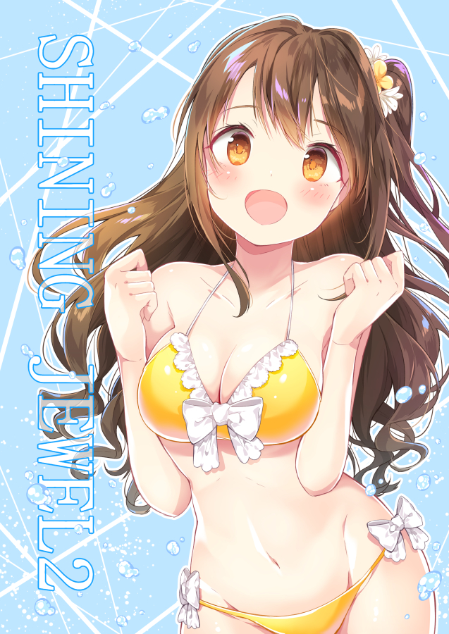 10s 1girl bikini breasts brown_eyes brown_hair chitetan cleavage half_updo idolmaster idolmaster_cinderella_girls long_hair medium_breasts navel one_side_up open_mouth shimamura_uzuki smile solo swimsuit yellow_bikini