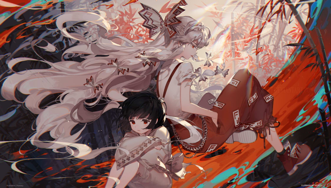 2girls bamboo bamboo_forest bangs black_hair black_legwear bow chains character_name cigarette collared_shirt commentary_request eyebrows_visible_through_hair fire floating floating_hair forest fujiwara_no_mokou fujiwara_no_mokou_(young) grey_eyes hair_bow hands_in_pockets japanese_clothes kawacy leg_hug light_frown long_hair long_sleeves looking_down multiple_girls muted_color nature ofuda outdoors pants profile red_eyes red_pants red_shoes sad shirt shoes short_hair short_sleeves smoke smoking socks suspenders torn_clothes torn_shirt torn_sleeves touhou very_long_hair wavy_hair white_background white_bow white_hair white_shirt wide_sleeves wind