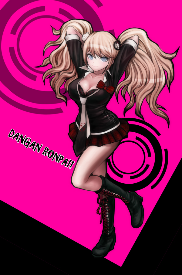 1girl arms_up black_background black_boots black_bra black_shirt boots bow bra breasts bunny_hair_ornament cleavage collarbone copyright_name dangan_ronpa dangan_ronpa_1 enoshima_junko grey_eyes grey_necktie hair_ornament hands_in_hair large_breasts light_brown_hair long_hair looking_at_viewer miniskirt necktie one_leg_raised pink_background pleated_skirt red_bow red_skirt shirt skirt smile solo standing standing_on_one_leg toshiro1017 twintails two-tone_background underwear very_long_hair