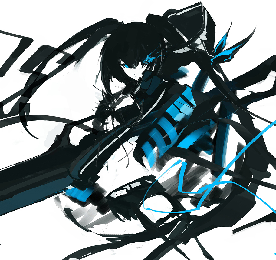 1girl asymmetrical_hair belt black_bikini_top black_hair black_rock_shooter black_rock_shooter_(character) black_shorts blue_eyes breasts burning_eye hair_ornament hair_over_one_eye iori_yakatabako limited_palette long_hair looking_at_viewer midriff navel short_shorts shorts simple_background small_breasts solo stomach twintails under_boob very_long_hair white_background