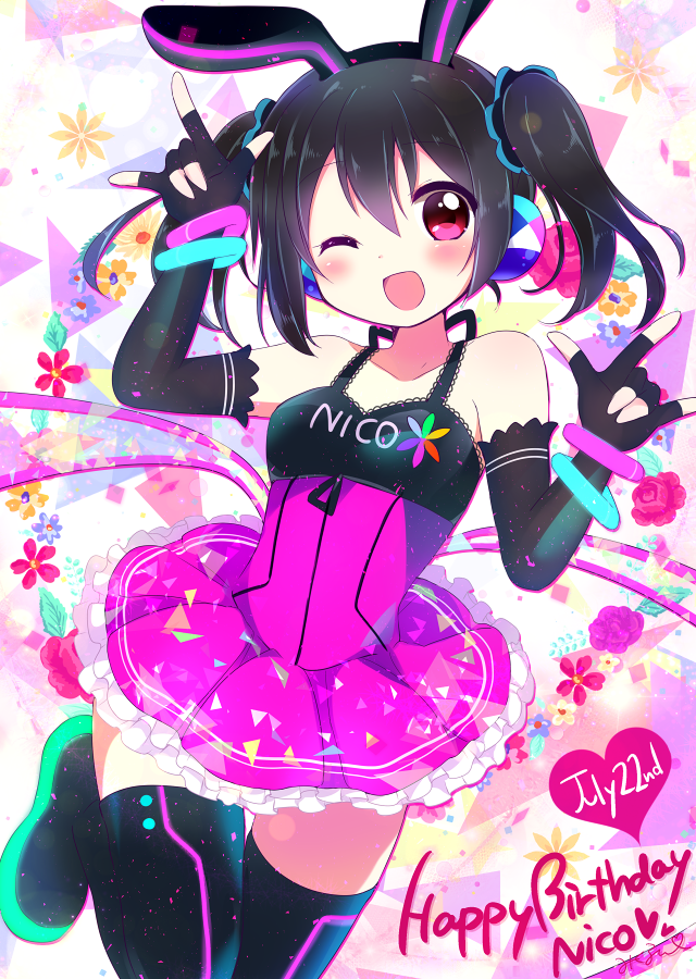 1girl ;d \m/ animal_ears bangle bangs black_hair blush boots bracelet character_name dated double_\m/ dress elbow_gloves fake_animal_ears fingerless_gloves gloves happy_birthday headphones jewelry looking_at_viewer love_live! love_live!_school_idol_festival love_live!_school_idol_project mikurun_(otome_no_hanikami) one_eye_closed open_mouth rabbit_ears ribbon sleeveless smile solo thigh-highs thigh_boots twintails violet_eyes yazawa_nico