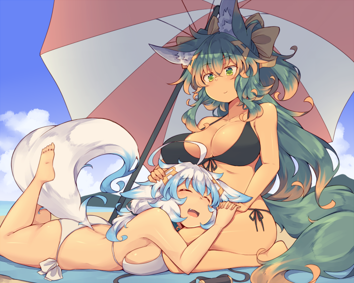 2girls ^_^ ahoge animal_ears beach bikini black_bikini breast_press breasts closed_eyes eyebrows_visible_through_hair green_eyes green_hair hair_ribbon kuromiya kuromiya_raika large_breasts long_hair looking_at_another lying multiple_girls on_stomach open_mouth original parasol ribbon shiromiya_asuka side-tie_bikini sitting smile swimsuit tail umbrella wariza white_bikini white_hair yellow_ribbon