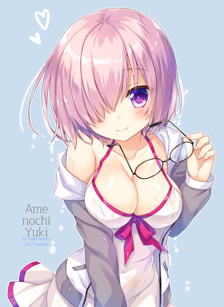 1girl 2017 ameto_yuki artist_name bare_shoulders blush breasts cleavage fate/grand_order fate_(series) glasses glasses_removed hood hoodie large_breasts lavender_hair looking_at_viewer shielder_(fate/grand_order) short_hair simple_background smile solo swimsuit violet_eyes wet
