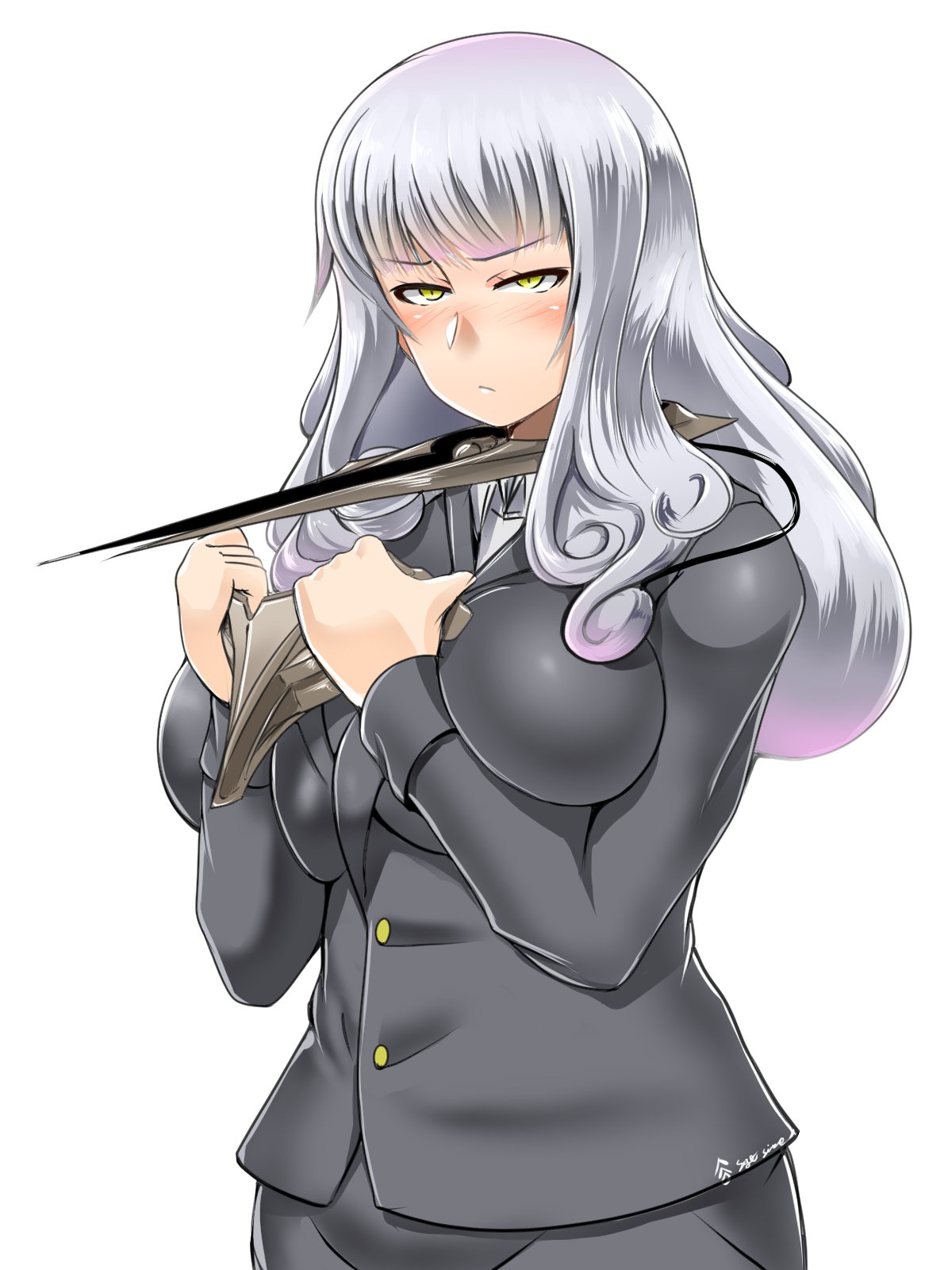 1girl blush breasts carmilla_(fate/grand_order) fate/grand_order fate_(series) formal highres horns large_breasts long_hair mask mask_removed office_lady saizu_nitou_gunsou silver_hair skirt_suit solo suit upper_body yellow_eyes