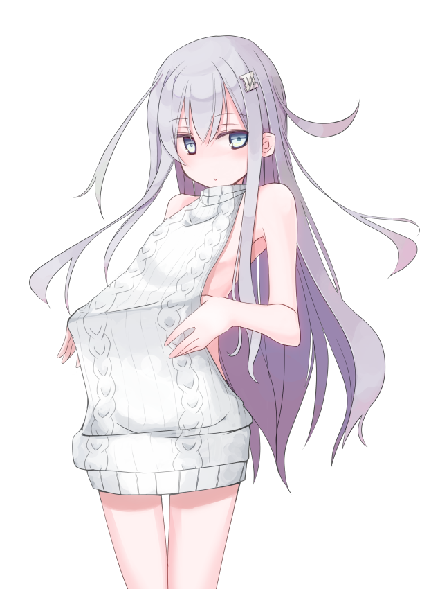 1girl aran_sweater backless_outfit bangs blush clothes_pull cowboy_shot dress eyebrows_visible_through_hair grey_eyes grey_hair grey_sweater halterneck hibiki_(kantai_collection) kantai_collection long_hair looking_at_viewer meme_attire mochiki parted_lips ribbed_sweater simple_background solo sweater sweater_dress sweater_pull turtleneck turtleneck_sweater verniy_(kantai_collection) very_long_hair virgin_killer_sweater white_background