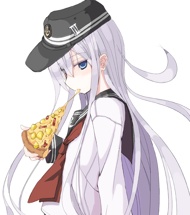 1girl blue_eyes eating flat_cap food hat hibiki_(kantai_collection) holding_pizza kantai_collection long_hair looking_at_viewer mochiki pizza school_uniform serafuku silver_hair solo upper_body white_background