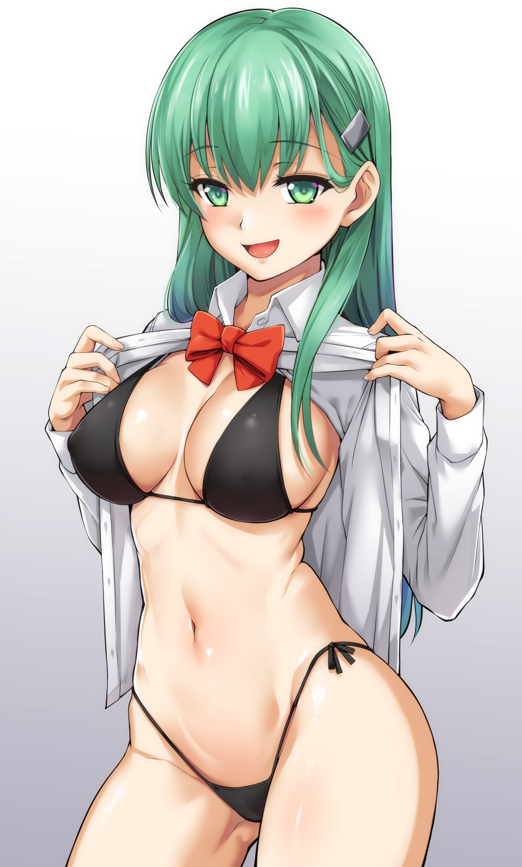 1girl :d bikini black_bikini bow bowtie breasts contrapposto cowboy_shot eyebrows_visible_through_hair gluteal_fold gradient gradient_background green_eyes green_hair hair_ornament hairclip highleg highleg_bikini highres kantai_collection large_breasts long_hair navel open_clothes open_mouth open_shirt partially_unbuttoned pestxsan remodel_(kantai_collection) shirt side-tie_bikini simple_background smile solo suzuya_(kantai_collection) swimsuit