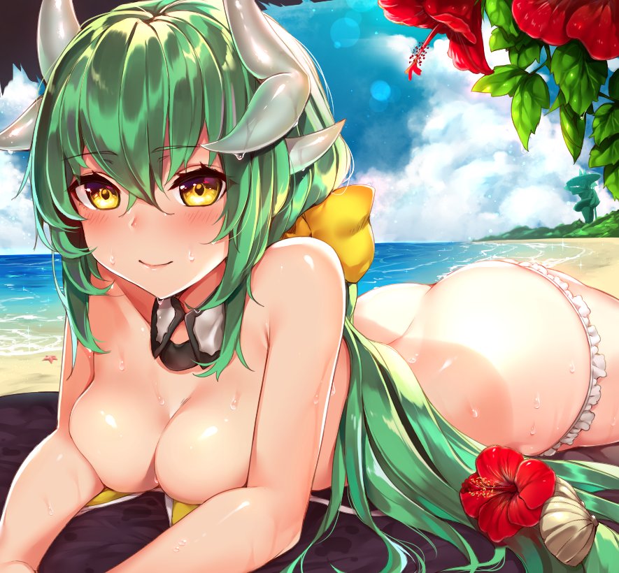 bare_shoulders beach bikini blue_sky blush bow breasts butt_crack cleavage closed_mouth clouds cloudy_sky detached_collar eyebrows_visible_through_hair fate/grand_order fate_(series) flower green_hair hair_between_eyes hair_bow hair_flower hair_ornament horns kaerunoko kiyohime_(fate/grand_order) kiyohime_(swimsuit_lancer)_(fate) light_particles long_hair looking_at_viewer lowleg lowleg_bikini lying medium_breasts on_stomach outdoors shell sky smile swimsuit untied untied_bikini wet wet_hair yellow_bikini yellow_eyes