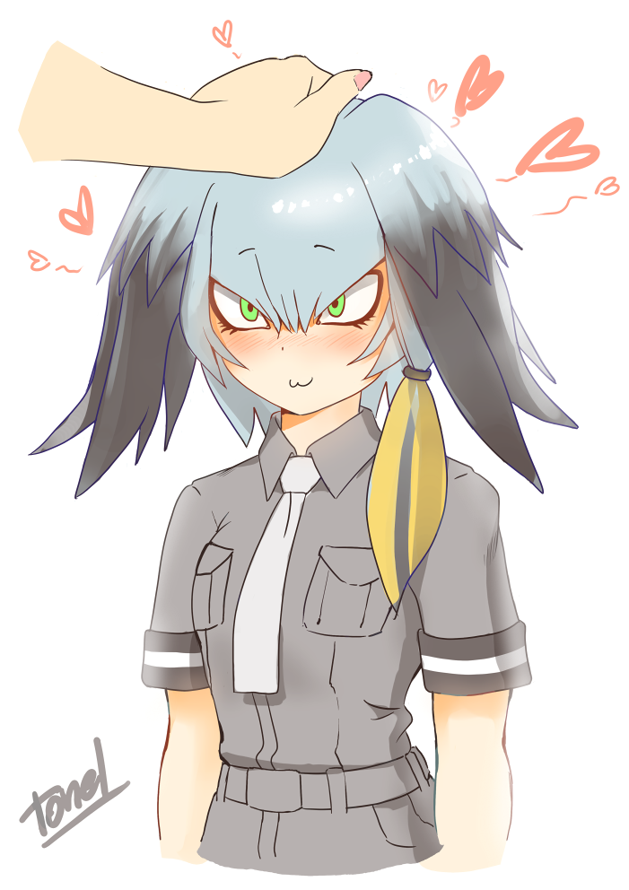 1girl :3 artist_name bangs blush breast_pocket disembodied_limb green_eyes grey_hair grey_shirt hand_on_another's_head heart kemono_friends long_hair low_ponytail multicolored_hair necktie petting pocket shirt shoebill_(kemono_friends) solo_focus tonel upper_body white_necktie