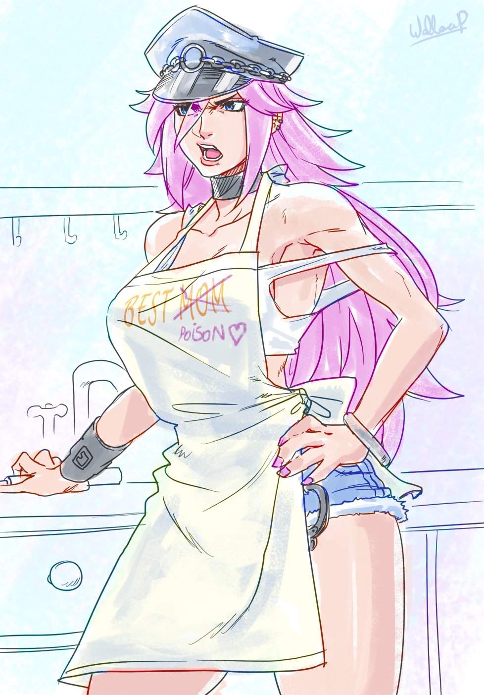 1girl apron blue_eyes breasts cleavage cuffs denim denim_shorts final_fight handcuffs hat highres large_breasts long_hair peaked_cap pink_hair poison_(final_fight) short_shorts shorts solo street_fighter tank_top wallace_pires