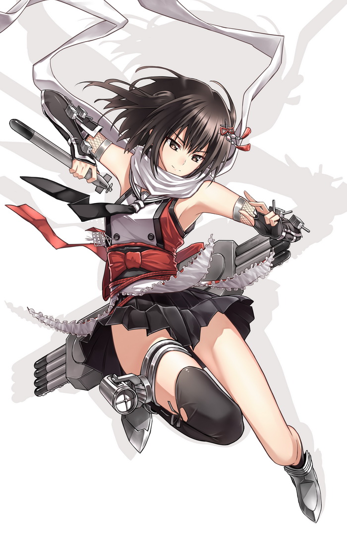 1girl armpits black_hair black_legwear black_skirt brown_eyes detached_sleeves famepeera full_body hair_ornament kantai_collection miniskirt pleated_skirt scarf sendai_(kantai_collection) short_hair simple_background skirt sleeveless smile solo thigh-highs white_background white_scarf