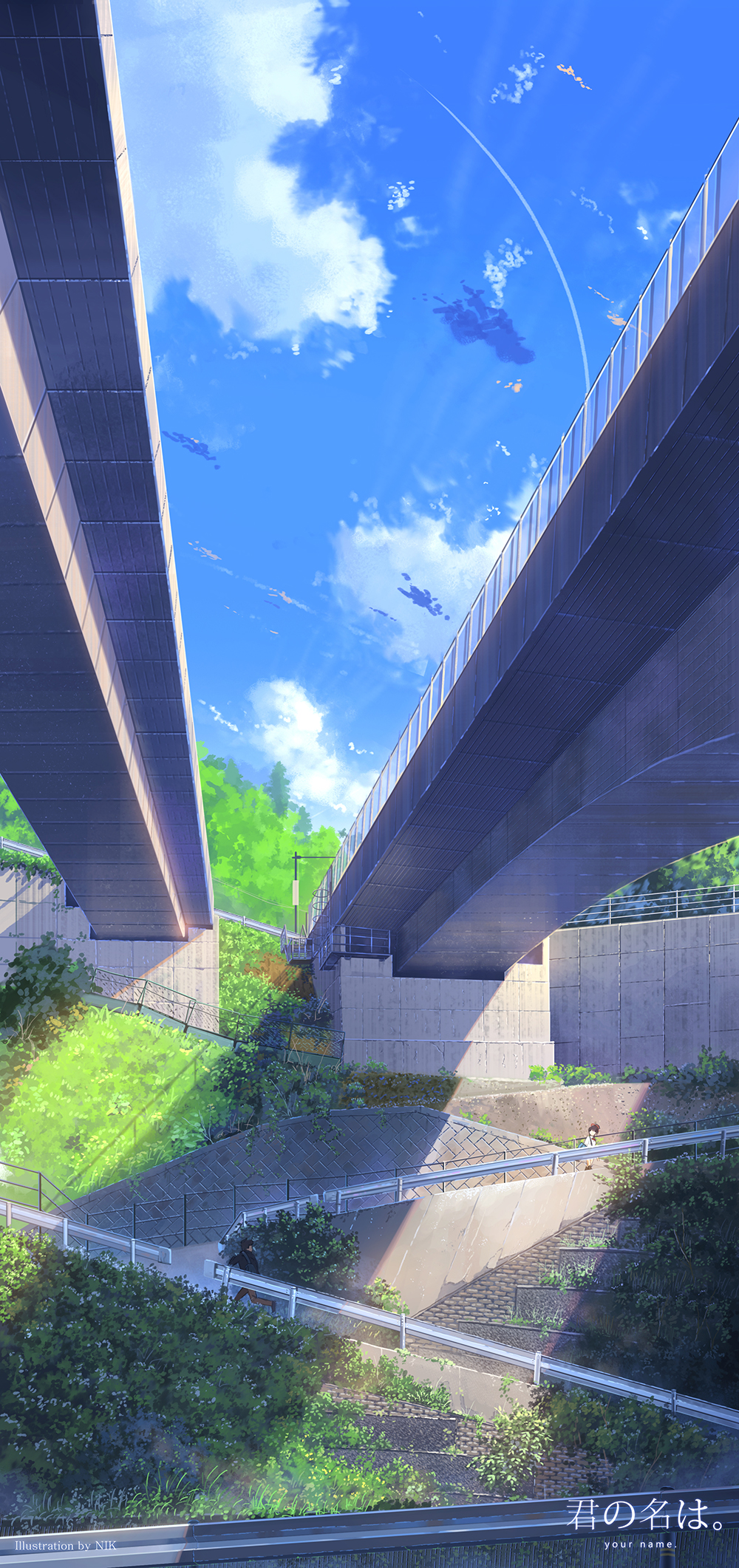 1boy 1girl artist_name bag blurry bridge brown_hair chain-link_fence clouds commentary condensation_trail copyright_name depth_of_field fence from_below hair_ribbon highres hill kimi_no_na_wa looking_back looking_down miyamizu_mitsuha niko_p overpass perspective railing ribbon road running scenery school_bag school_uniform shade sky street sunlight tachibana_taki tree walking