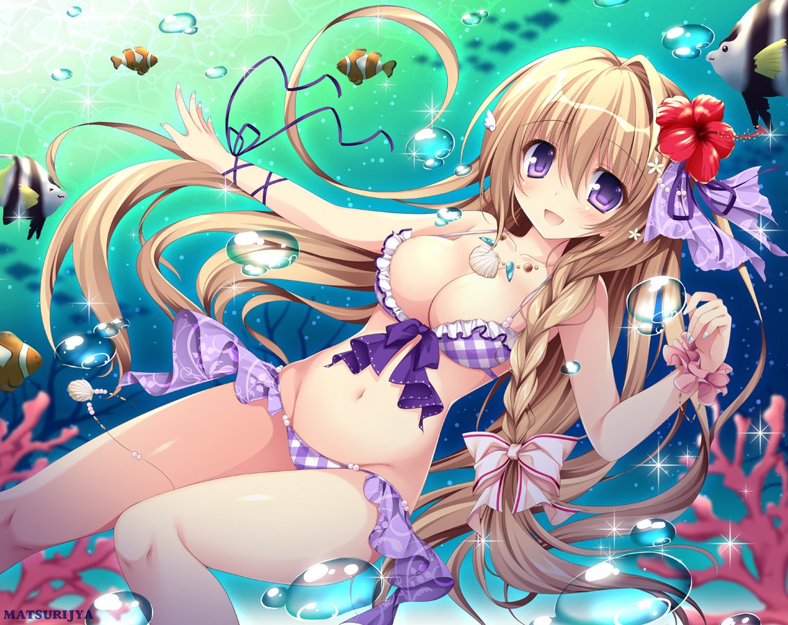 1girl bangs bare_shoulders bikini blush bow bowtie braid breasts bubble checkered checkered_swimsuit cleavage clownfish collarbone commentary_request coral eyebrows_visible_through_hair fish floating_hair flower frills front-tie_bikini front-tie_top front_braid hair_flower hair_ornament jewelry light_brown_hair long_hair medium_breasts nanaroba_hana navel necklace open_mouth single_braid solo sparkle swimsuit underwater very_long_hair violet_eyes wrist_cuffs