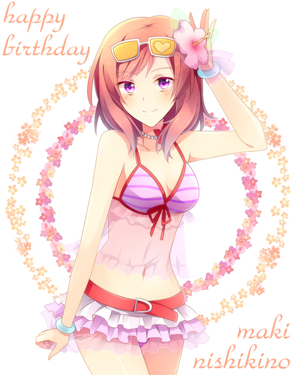 1girl arm_up belt bikini bikini_skirt bracelet breasts brown_hair character_name cleavage collarbone cowboy_shot eyebrows_visible_through_hair flower front-tie_bikini front-tie_top hair_flower hair_ornament happy_birthday hibiscus highres jewelry konase_(non_stop!) layered_skirt long_hair looking_at_viewer love_live! love_live!_school_idol_project medium_breasts navel necklace nishikino_maki pink_flower purple_bikini simple_background solo standing striped striped_bikini sunglasses sunglasses_on_head swimsuit violet_eyes white_background