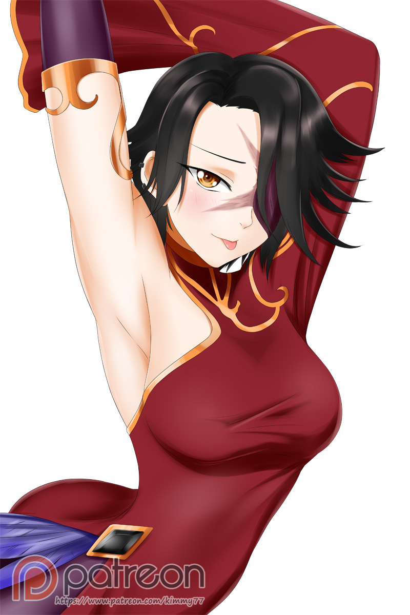 1girl :p alfred_cullado armpits arms_up black_hair breasts detached_sleeves facial_scar hair_over_one_eye highres medium_breasts patreon_logo rwby scar short_hair single_sleeve solo tongue tongue_out watermark web_address white_background yellow_eyes