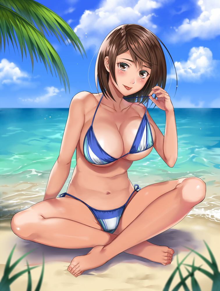 1girl barefoot beach bikini blue_bikini blue_sky blush breasts brown_eyes brown_hair cleavage clouds collarbone day feet full_body halter_top halterneck horizon indian_style large_breasts looking_at_viewer navel ocean original outdoors pulled_by_self sakichi6891 sand short_hair side-tie_bikini sitting sky smile solo stomach strap_pull swimsuit tongue tongue_out