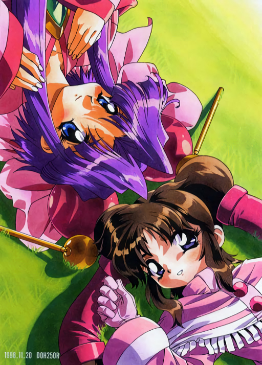 1998 2girls 90s blue_eyes brown_hair cherry_(saber_j) cherry_(saber_r) crossover dated from_above furudori_yayoi gloves headdress long_hair long_sleeves looking_at_viewer lying multiple_girls official_art on_back on_ground parted_lips purple_hair saber_marionette_j saber_marionette_r smile twintails