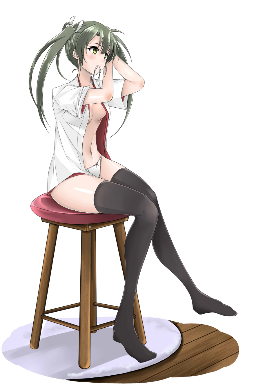 1girl adjusting_hair bangs black_legwear blush breasts collarbone full_body green_eyes green_hair hair_ribbon highres kantai_collection long_hair looking_to_the_side mouth_hold navel no_shoes open_clothes open_shirt panties ribbon rug shiny shiny_skin shirt sidelocks sitting small_breasts solo stomach stool thigh-highs thighs twintails underwear white_background white_panties white_ribbon white_shirt wooden_floor yeongming zuikaku_(kantai_collection)