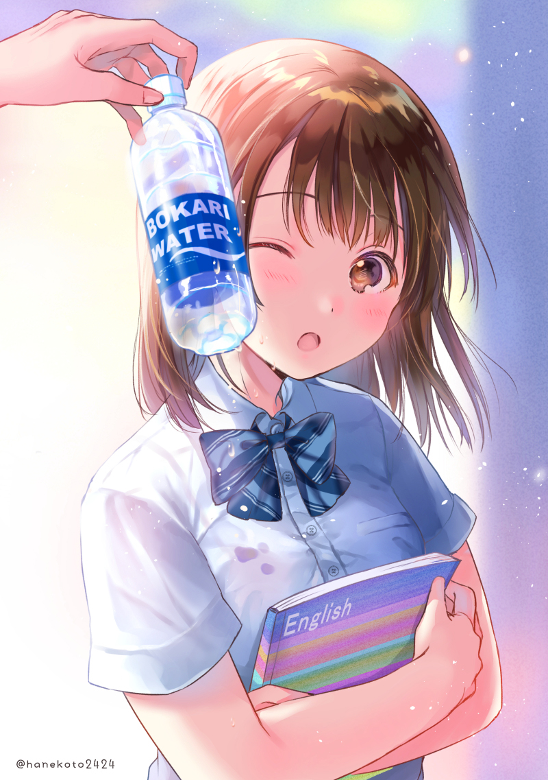1girl :o bangs blue_bow blue_bowtie blush book bottle bow bowtie brand_name_imitation breasts brown_eyes brown_hair commentary crossed_arms dress_shirt dripping english eyebrows_visible_through_hair hanekoto holding holding_book holding_bottle light_particles medium_breasts one_eye_closed original pocari_sweat shirt short_hair short_sleeves solo_focus striped striped_bow striped_bowtie surprised twitter_username upper_body white_shirt