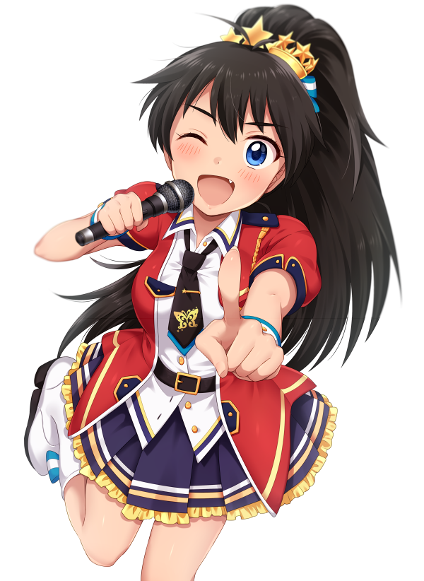 1girl :d antenna_hair bangs belt black_hair blue_eyes blue_skirt blush bracelet breasts buttons collared_shirt cowboy_shot crown eyebrows_visible_through_hair fang frilled_skirt frills ganaha_hibiki hair_between_eyes hair_ornament hair_ribbon high_ponytail hiiringu holding holding_microphone idolmaster idolmaster_million_live! idolmaster_million_live!_theater_days jewelry leg_up long_hair looking_at_viewer microphone mini_crown necktie one_eye_closed one_leg_raised open_mouth outstretched_arm pleated pleated_skirt pointing pointing_at_viewer pointing_finger ponytail puffy_sleeves red_vest ribbon shirt shoes short_sleeves simple_background skirt smile solo standing standing_on_one_leg star star_hair_ornament vest white_background white_shirt