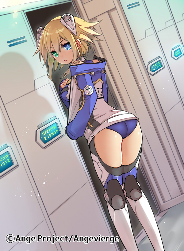 1girl ange_vierge ass blonde_hair blue_eyes breasts bright_pupils dutch_angle from_behind green_eyes hair_between_eyes headgear heterochromia jacket leotard leotard_under_clothes locker_room looking_at_viewer looking_back medium_breasts parted_lips ren-co short_hair sleeves_past_wrists solo thigh-highs track_jacket undressing