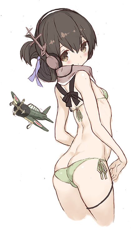 1girl aircraft airplane artist_name ass bikini breasts brown_eyes brown_hair butt_crack cable cropped_legs folded_ponytail from_behind goekawa green_bikini headphones kantai_collection kasuga_maru_(kantai_collection) looking_at_viewer looking_back ribbon side-tie_bikini sideboob simple_background small_breasts solo swimsuit taiyou_(kantai_collection) white_background