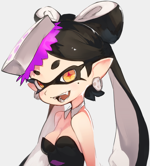 +_+ 1girl aori_(splatoon) bare_shoulders black_hair breasts cleavage domino_mask dress earrings fangs from_side hair_ornament jewelry looking_at_viewer mask medium_breasts mole mole_under_eye open_mouth orange_eyes pointy_ears sleeveless sleeveless_dress smile solo splatoon strapless strapless_dress symbol-shaped_pupils teeth tentacle_hair toridamono upper_body