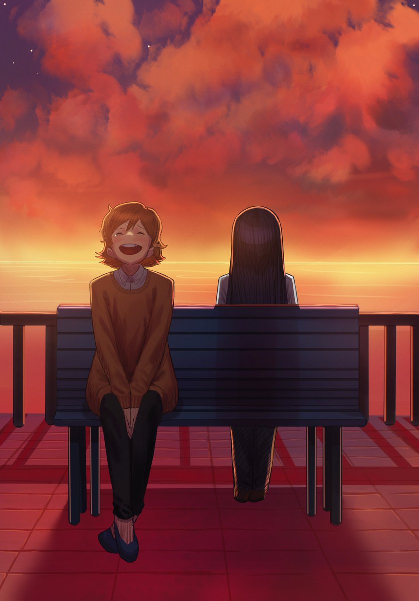 2girls bench black_hair blush closed_eyes clouds evening hair_bobbles hair_ornament hands_together highres idolmaster idolmaster_million_live! kisaragi_chihaya kuresaka long_hair multiple_girls open_mouth orange_hair outdoors short_hair sitting sky smile star_(sky) starry_sky sweater tearing_up yabuki_kana