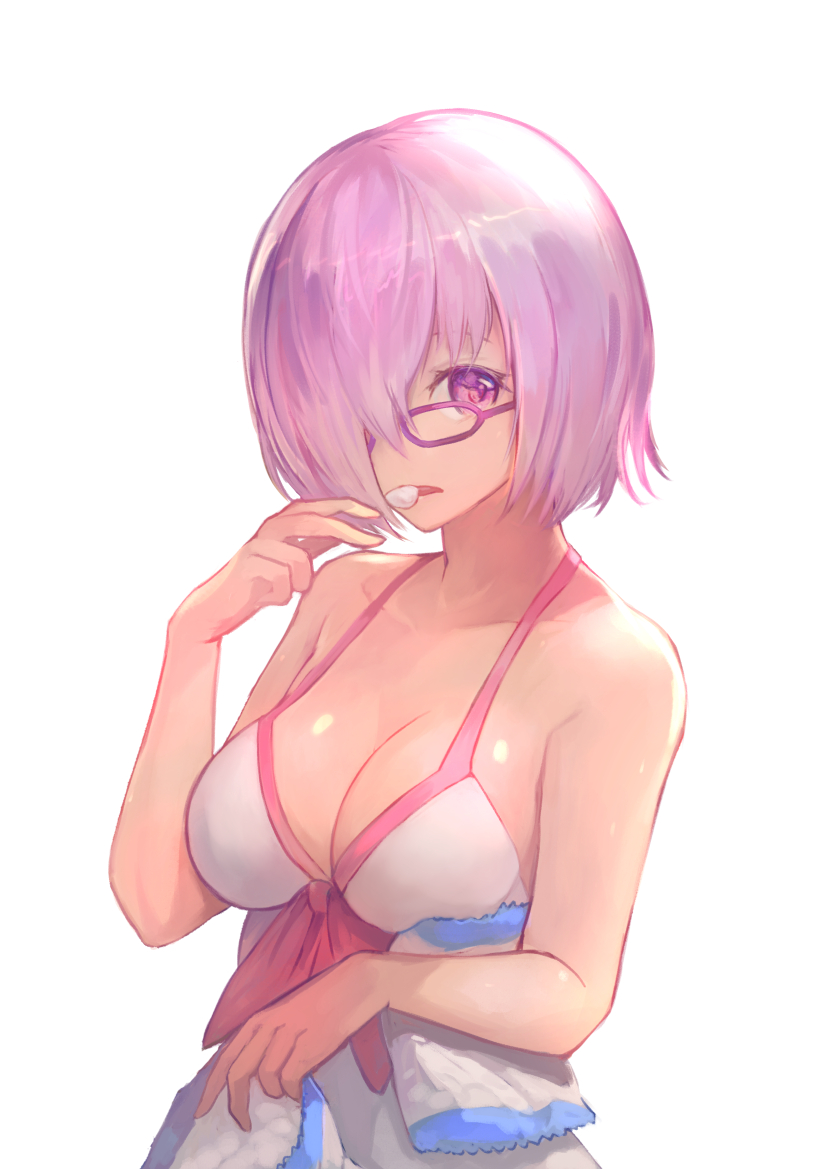 1girl bangs bare_arms bare_shoulders breasts cleavage collarbone dress fate/grand_order fate_(series) glasses hair_over_one_eye hand_up holding kawahara_ryuuta large_breasts looking_at_viewer mouth_hold one_eye_covered open_mouth purple-framed_eyewear purple_hair shielder_(fate/grand_order) short_hair simple_background sleeveless sleeveless_dress solo spaghetti_strap violet_eyes white_background white_dress