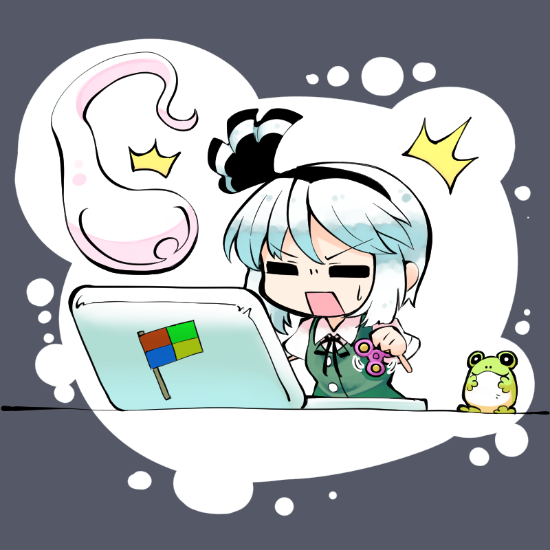 /\/\/\ 1girl =_= bangs blush collared_shirt commentary_request computer d:&lt; fidget_spinner followers frog hair_ribbon hairband kashuu_(b-q) konpaku_youmu konpaku_youmu_(ghost) laptop ribbon shirt short_hair solo square_mouth surprised sweat touhou vest white_hair