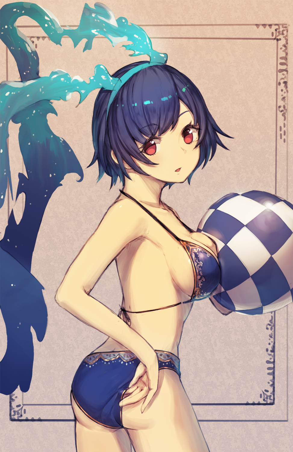 1girl alice_(sinoalice) ass ball blue_hair blush breasts cleavage eyebrows_visible_through_hair hairband highres holding holding_ball kotoribako large_breasts looking_at_viewer parted_lips red_eyes short_hair sideboob sinoalice solo