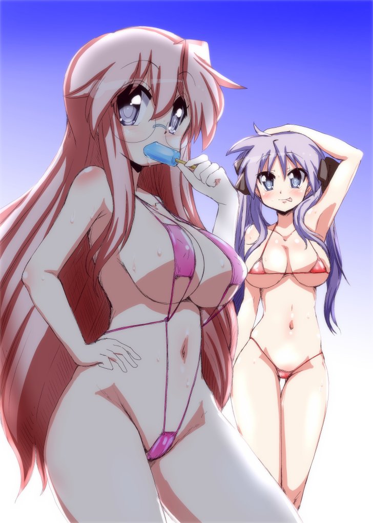 2girls :p armpits bikini black_ribbon blue_eyes blush breasts eyebrows_visible_through_hair food glasses hair_ribbon hand_on_hip hiiragi_kagami large_breasts lavender_hair long_hair looking_at_viewer lucky_star medium_breasts mizushima_(p201112) multiple_girls navel pink_bikini pink_hair popsicle red_bikini ribbon simple_background swimsuit takara_miyuki tongue tongue_out twintails violet_eyes white_background