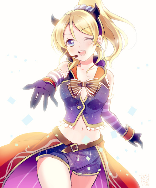 1girl ;d ayase_eli belt black_hairband blonde_hair blue_shorts bow collarbone cowboy_shot crop_top detached_sleeves eyebrows_visible_through_hair fake_horns floating_hair gloves hair_between_eyes hair_ornament hairband high_ponytail long_hair love_live! love_live!_school_idol_project microphone midriff navel one_eye_closed open_mouth outstretched_arm purple_gloves short_shorts shorts simple_background sleeveless smile solo standing stomach striped striped_bow white_background yamori_(ymrr)