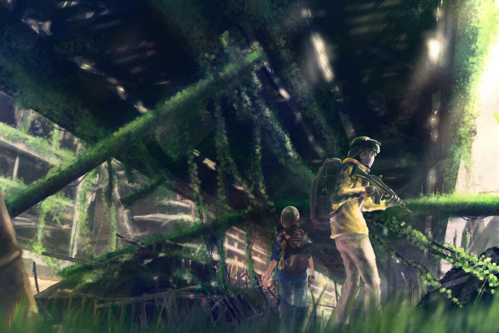 androgynous backpack bag black_gloves blue_pants brown_hair facing_away gloves goggles goggles_on_headwear grass gun helmet holding holding_gun holding_weapon jacket looking_at_viewer moss original overgrown pants ruins scenery standing totti weapon yellow_jacket