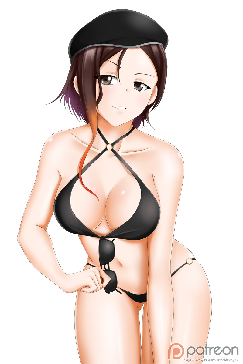 1girl alfred_cullado alternate_costume arm bare_arms bare_legs bare_shoulders beret bikini black_bikini black_hat black_swimsuit breasts brown_hair cleavage coco_adel collarbone criss-cross_halter female gluteal_fold gradient gradient_hair grey_eyes grin hat highres holding holding_sunglasses large_breasts leaning leaning_forward legs looking_at_viewer midriff multicolored multicolored_hair naughty_face navel neck o-ring_bikini o-ring_swimsuit orange_hair patreon_logo raised_eyebrows rwby short_hair simple_background smile solo standing sunglasses sunglasses_removed swimsuit teeth two-tone_hair watermark web_address white_background