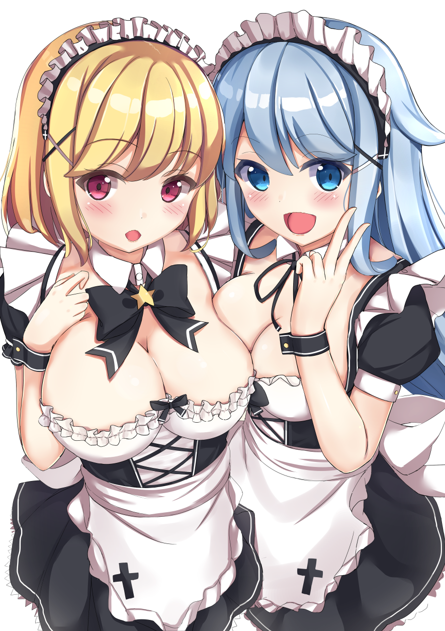 2girls :d apron bangs black_bow black_bowtie black_dress black_ribbon blonde_hair blue_eyes blue_hair blush bow bowtie breasts cleavage commentary_request cowboy_shot cross-laced_clothes detached_collar dress eyebrows_visible_through_hair frilled_apron frills hand_on_own_chest hand_up highres large_breasts long_hair looking_at_viewer maid maid_apron maid_headdress multiple_girls neck_ribbon open_mouth original puffy_short_sleeves puffy_sleeves red_eyes ribbon short_hair short_sleeves simple_background smile standing takapii underbust v waist_apron white_apron white_background wrist_cuffs