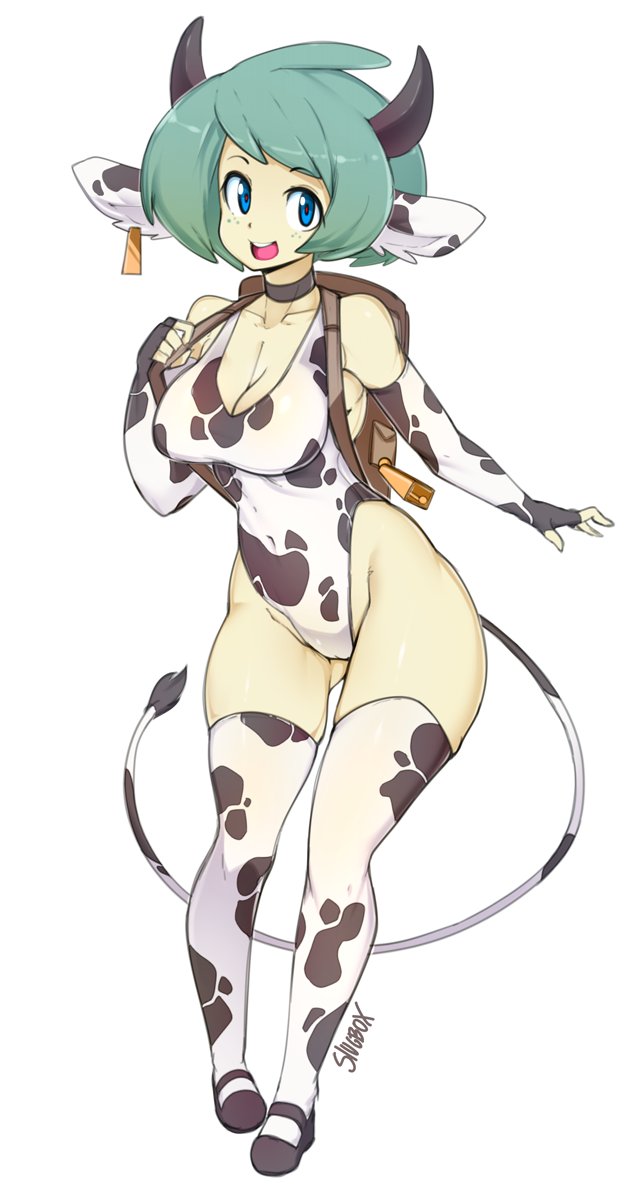 1girl :d animal_ears animal_print artist_name backpack bag bell blue_eyes breasts choker cleavage covered_navel cow_ears cow_girl cow_horns cow_print cow_tail earrings elbow_gloves fingerless_gloves freckles full_body gloves green_hair highres horns jewelry looking_at_viewer medium_breasts open_mouth original short_hair simple_background slugbox smile solo standing tail thigh-highs white_background white_legwear yellow_skin