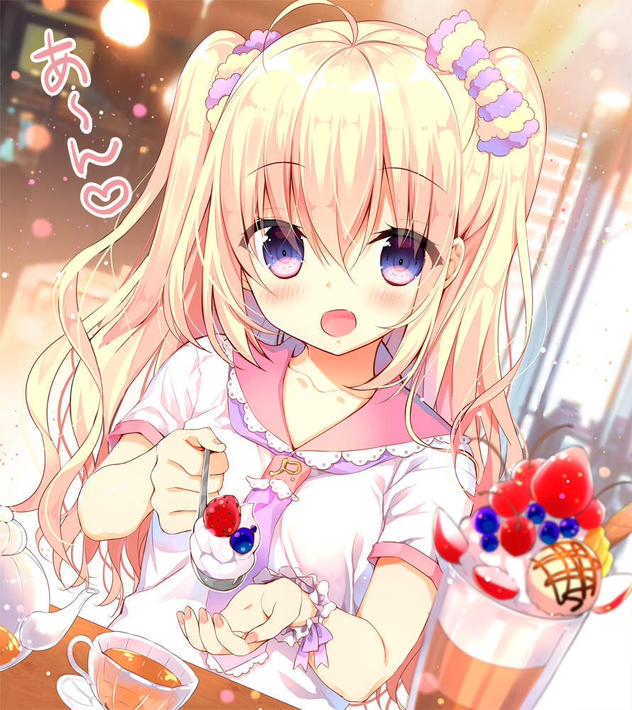 1girl ahoge bangs blonde_hair blouse blush bow cafe cherry collarbone cup eyebrows_visible_through_hair feeding food fruit hair_between_eyes hair_bow hair_ornament hair_scrunchie heart holding holding_spoon ice_cream long_hair looking_at_viewer open_mouth original sailor_collar saucer scrunchie short_sleeves smile solo speech_bubble sundae teacup teapot twintails upper_body violet_eyes white_blouse yadapot